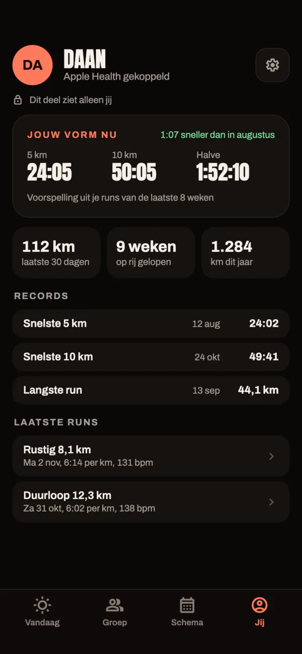 Jij-scherm: je vorm met voorspelde tijden op 5 km, 10 km en halve marathon, en je records