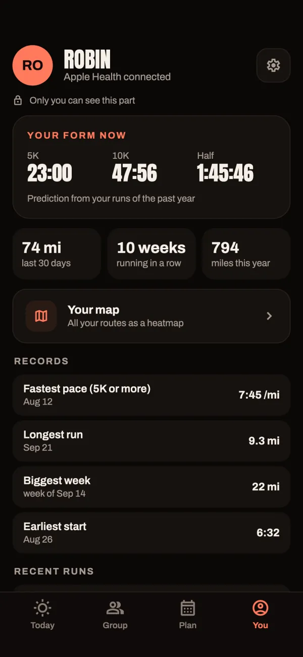 You screen: current form with predicted 5 km, 10 km and half marathon times, and personal records